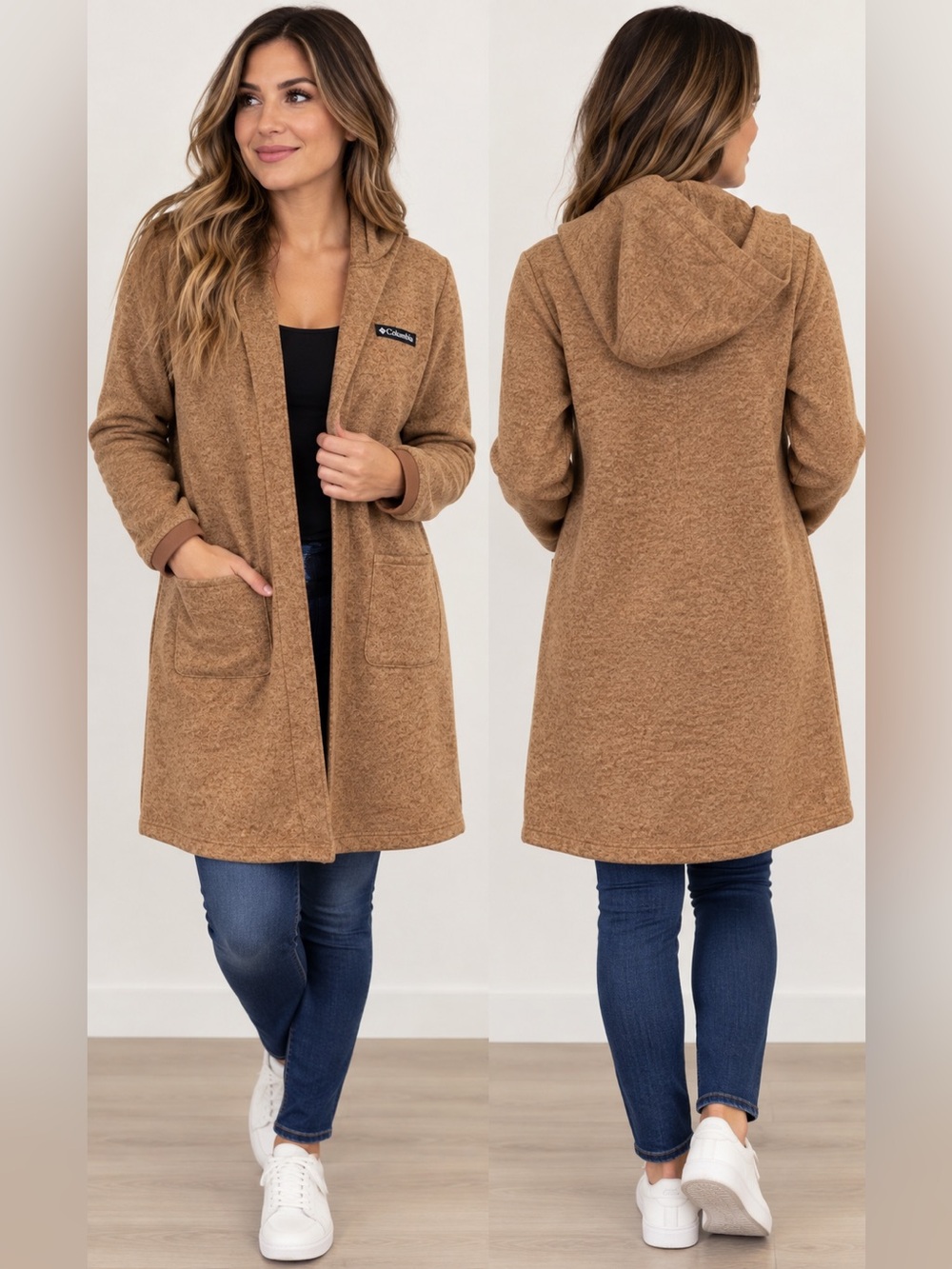Columbia Women’s XXL Long Hooded Fleece Cardigan Jacket Brown Open Front